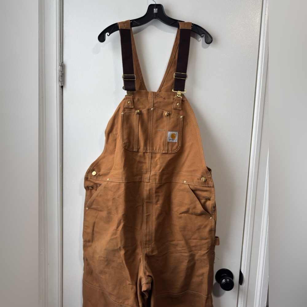 Vintage 90s Carhartt Tan Worker Cargo Double Knee Overalls 42 X 34 - Picture 2 of 9